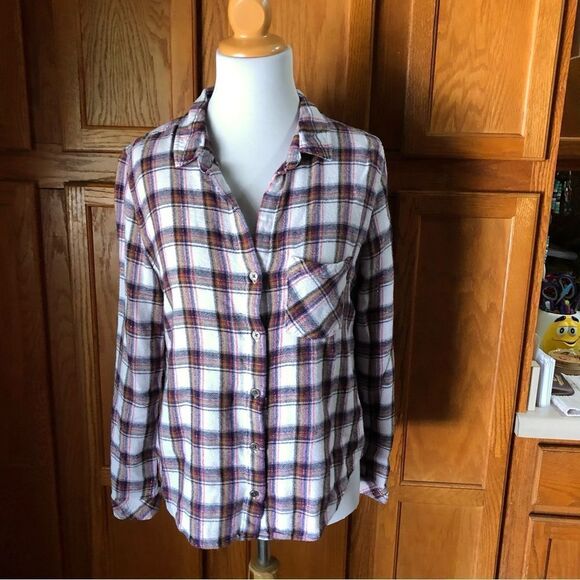 Anthropologie Cloth & Stone Blue Plaid Button Metallic Flannel Top - L - Picture 1 of 11